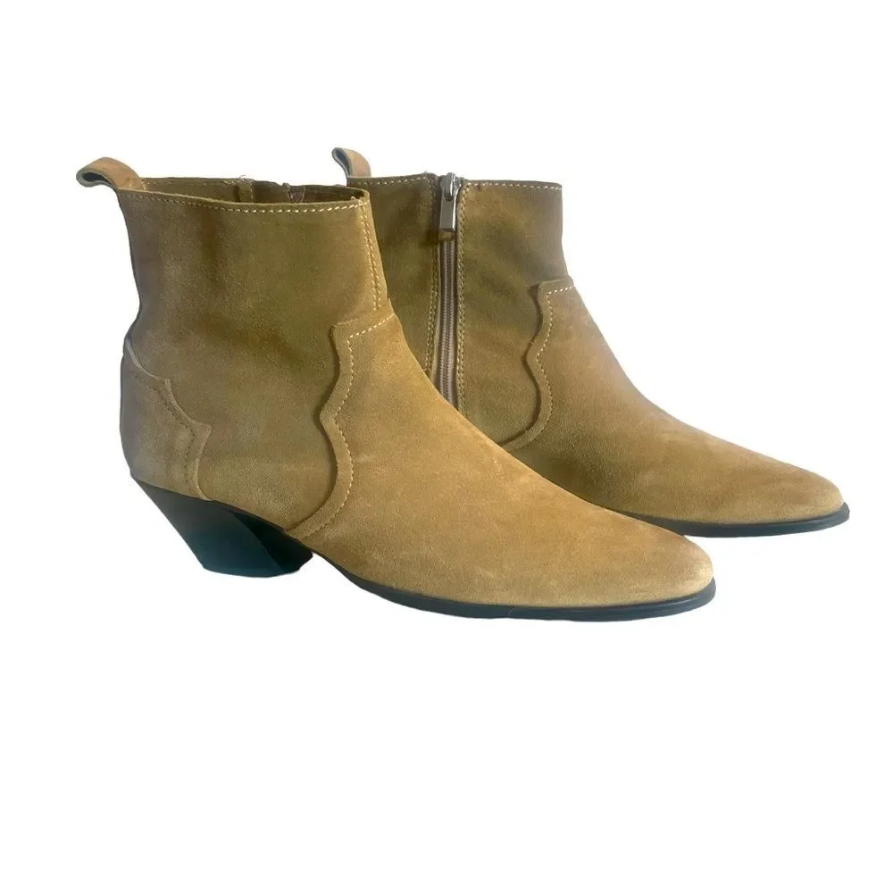 Zara Tan Genuine Suede Split Leather‎ Ankle Boots Cuban Heel, Size 41 (10)