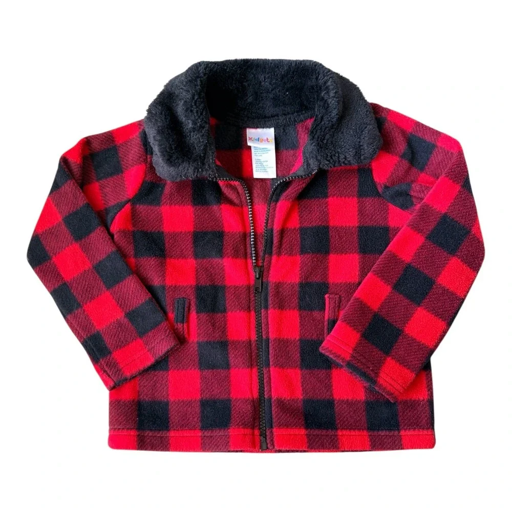 Kids‎ Buffalo Plaid Fleece Jacket 3T Red Christmas Holiday Winter Coat Unisex