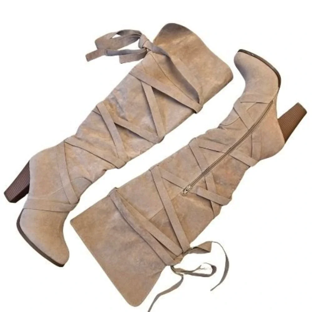 Taupe Sz 10 Faux Suede Over The Knee Thigh HIgh Strappy Stacked Heel‎ Boots