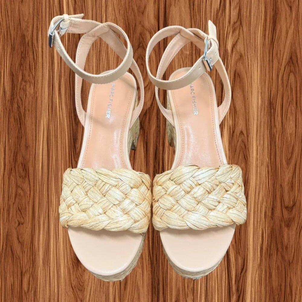 Marc‎ Fisher Women's Steel Braided Raffia Wedge Platform Sandals, Size 10