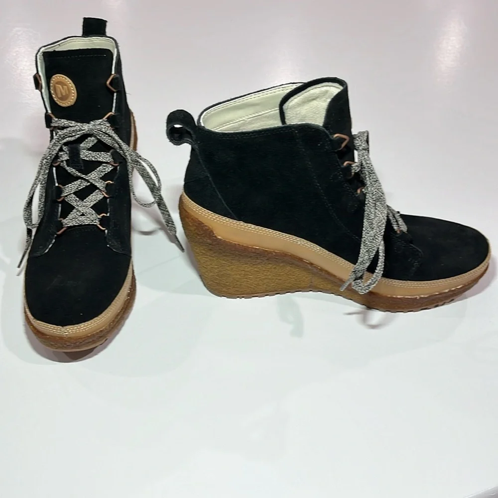 Merrell Tremblant Wedge Black Suede Lace Up Ankle Booties J94768 - 9.5 - NEW‎