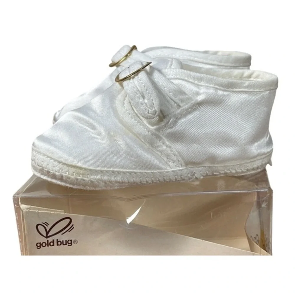 Vintage Gold Bug Adorables TV Bootees White Satin Infant Baby Shoes NIB‎