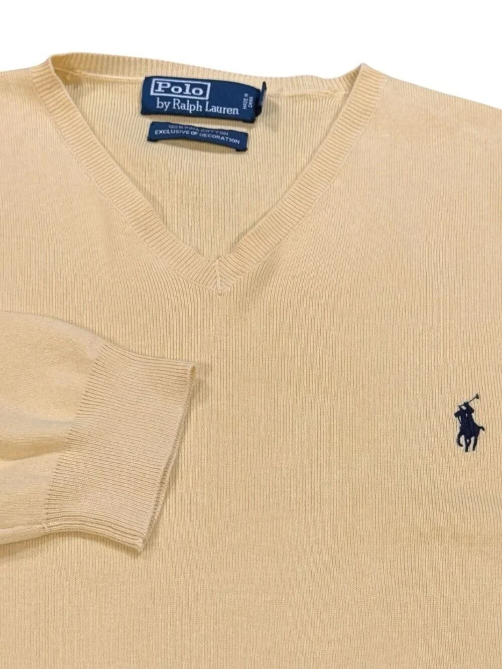 Polo Ralph Lauren sz L Pony V-Neck Yellow Pima Cotton Mens Preppy Tennis Sweater