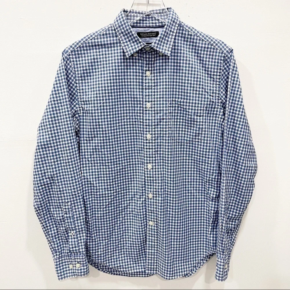Banana Republic Camden Fit Mini Check Blue Sky Shirt Button Down Small