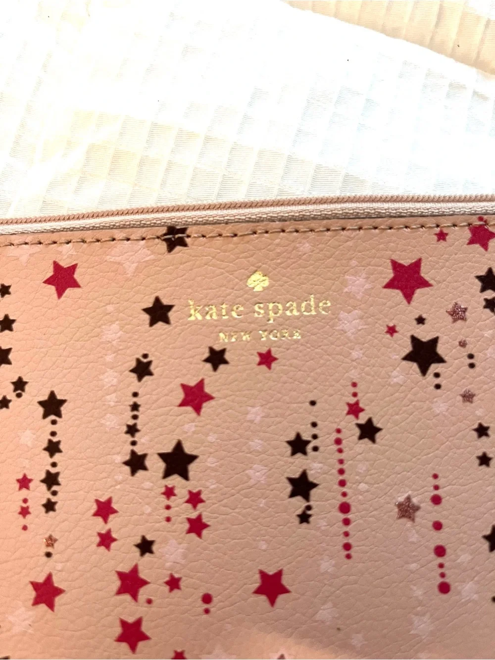 New Kate Spade Staci Twinkle Stars Pink Sam Browne Stud Strap Zipper Pouch