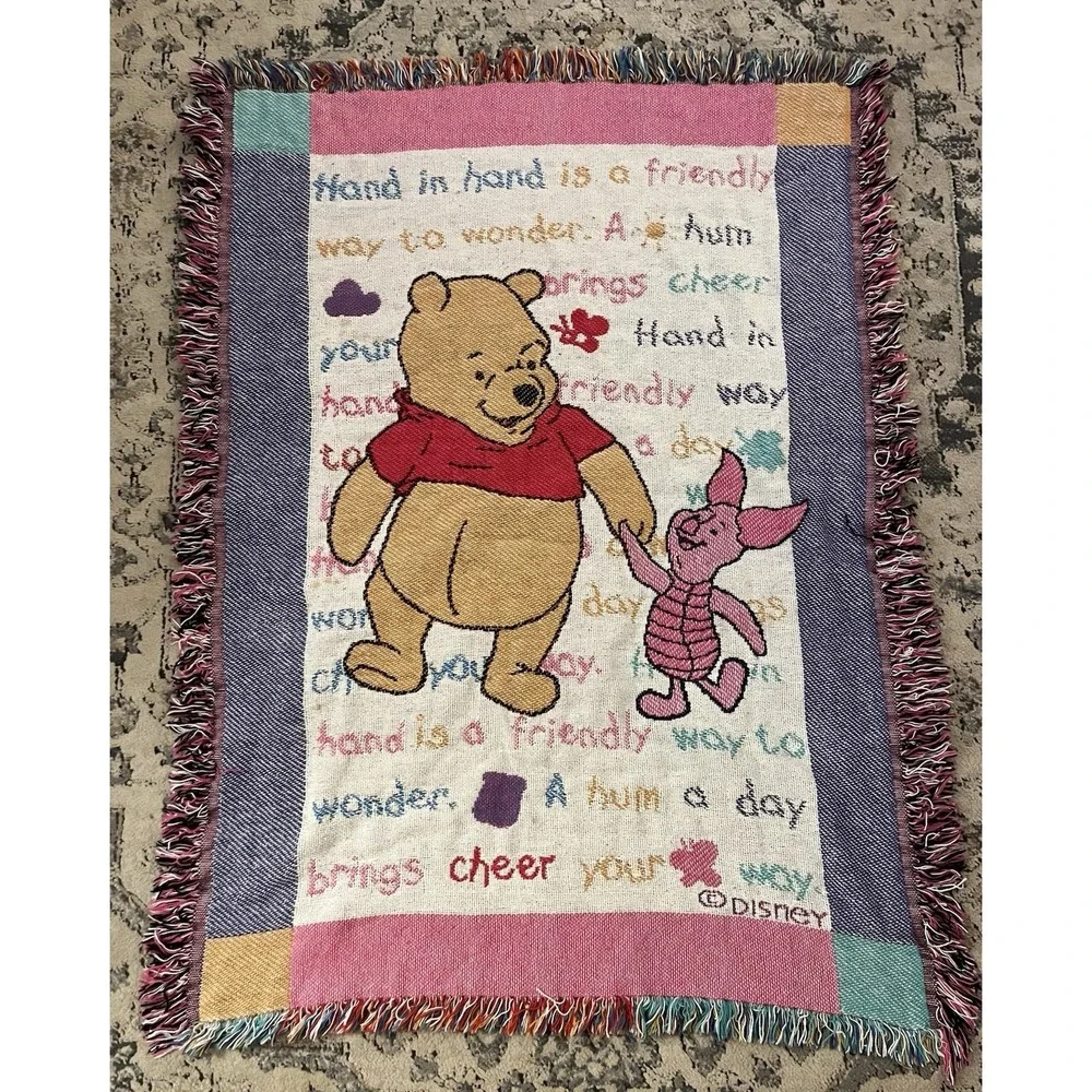 1995 Winnie the Pooh and Piglet Crib Tapestry Blanket 36x46 Vibrant Colors Stain