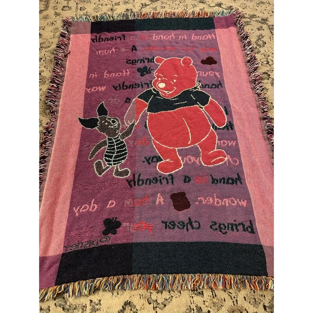 1995 Winnie the Pooh and Piglet Crib Tapestry Blanket 36x46 Vibrant Colors Stain
