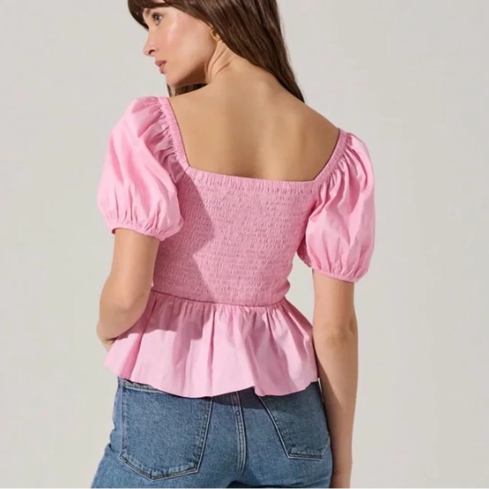 Astr The Label Smocked Pink Puff Peplum Sleeve Blouse Size S Cottagecore Boho