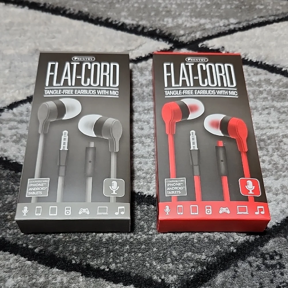 SENTRY FLAT-CORD TANGLE FREE EARBUDS WITH MIC IPHONE- ANDROID- TABLETS