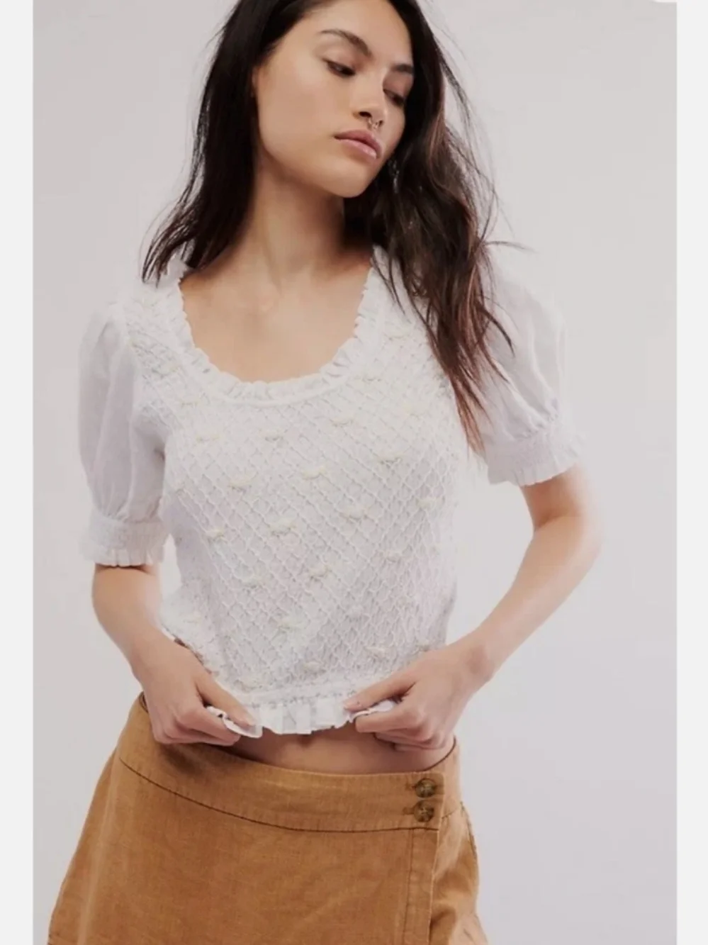 Free People Cecelia Puff Sleeve Smocked embroidered Rosette Cute Top M EUC