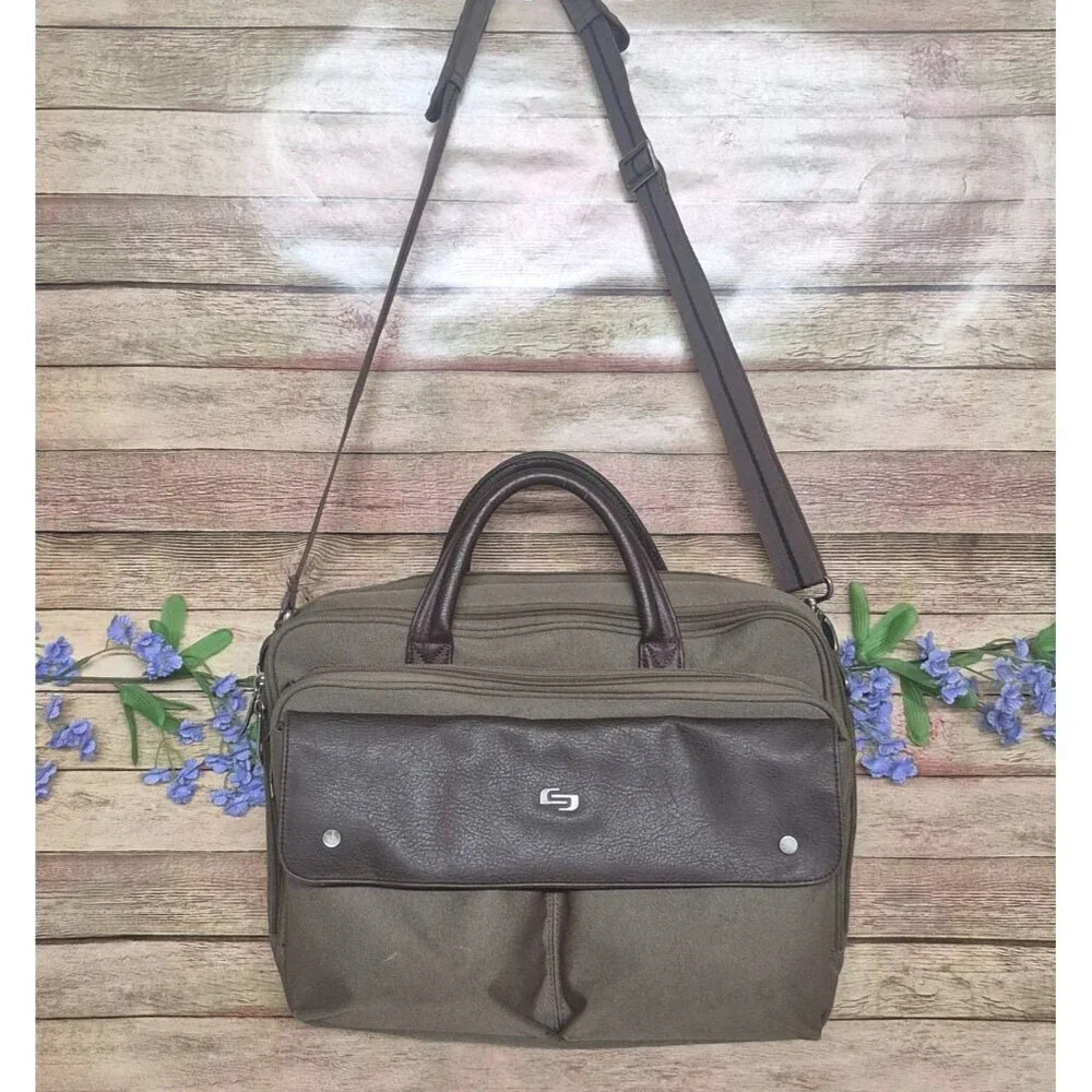 SOLO Green Canvas Brown Briefcase Laptop Case Messenger Bag Multi-Pocket