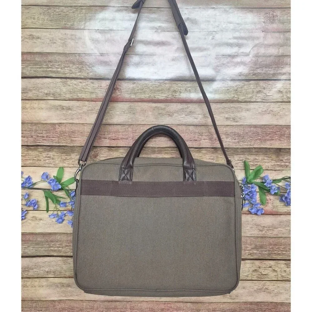SOLO Green Canvas Brown Briefcase Laptop Case Messenger Bag Multi-Pocket