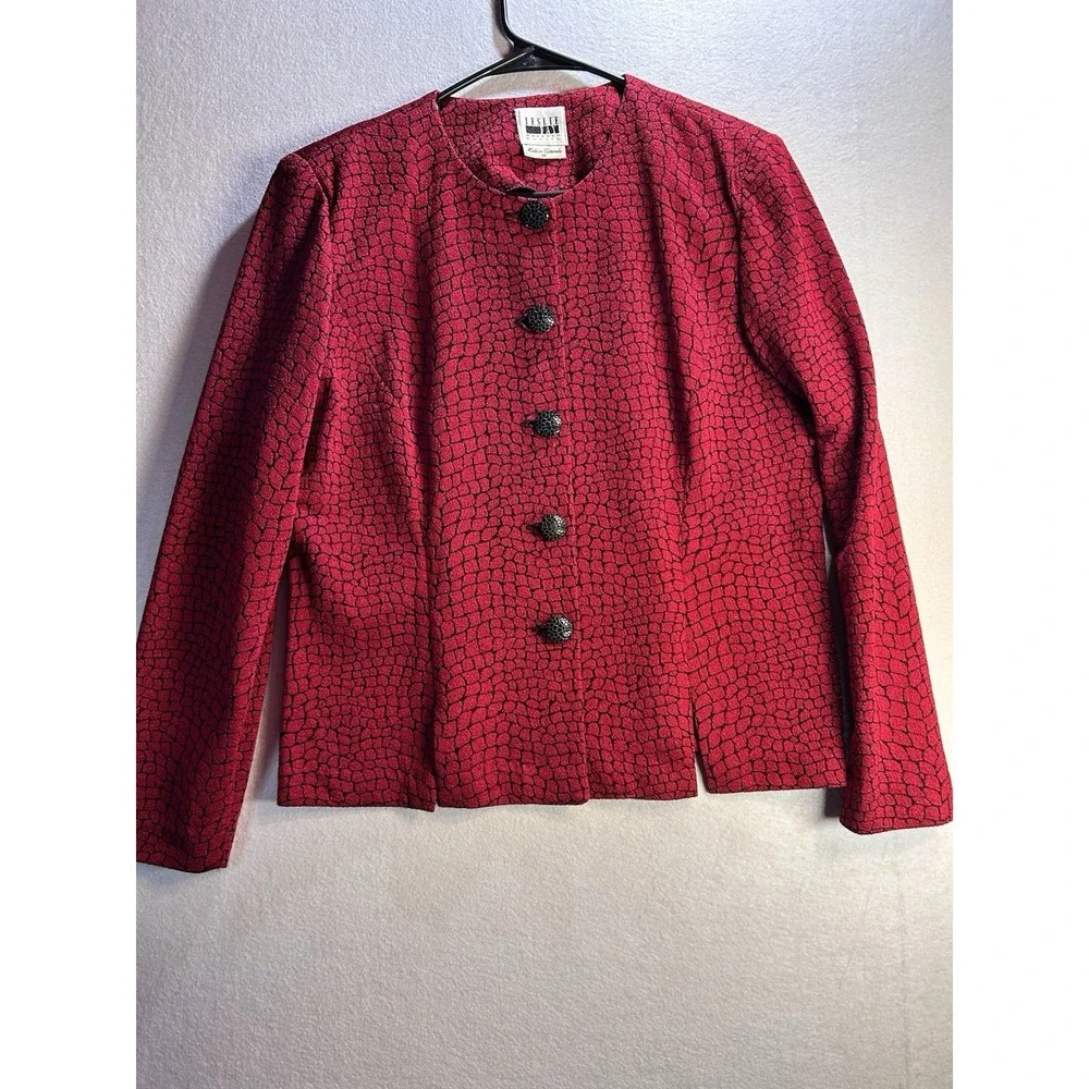 Leslie Fay Vintage Women's Petite Red/Black Animal Print Button Jacket 14P