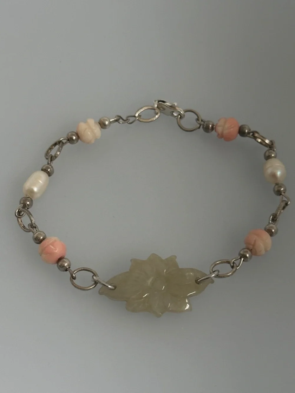 Carved Jade Floral Bracelet with Pink Coral and Real Pearls Accents