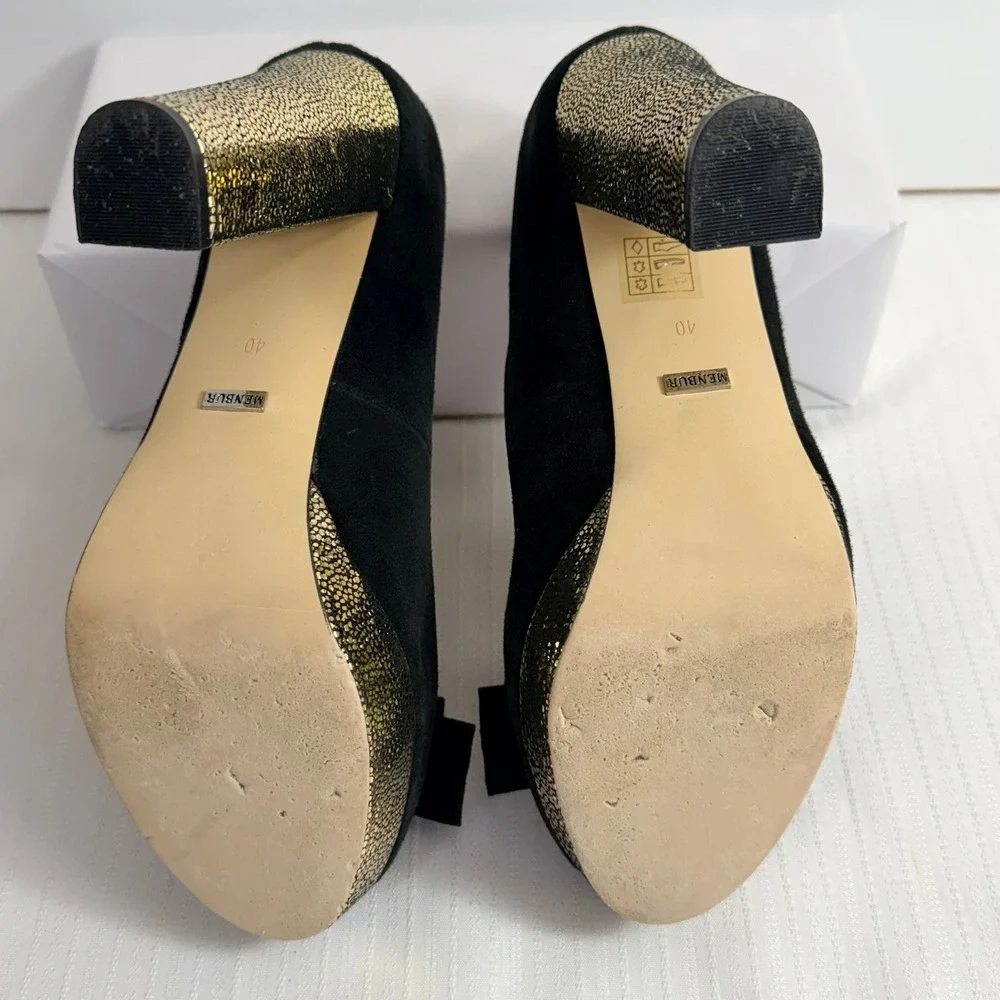 Menbur Womens Heels 40 Suede Peep Toe Platform Bow Gold Block Heel Black