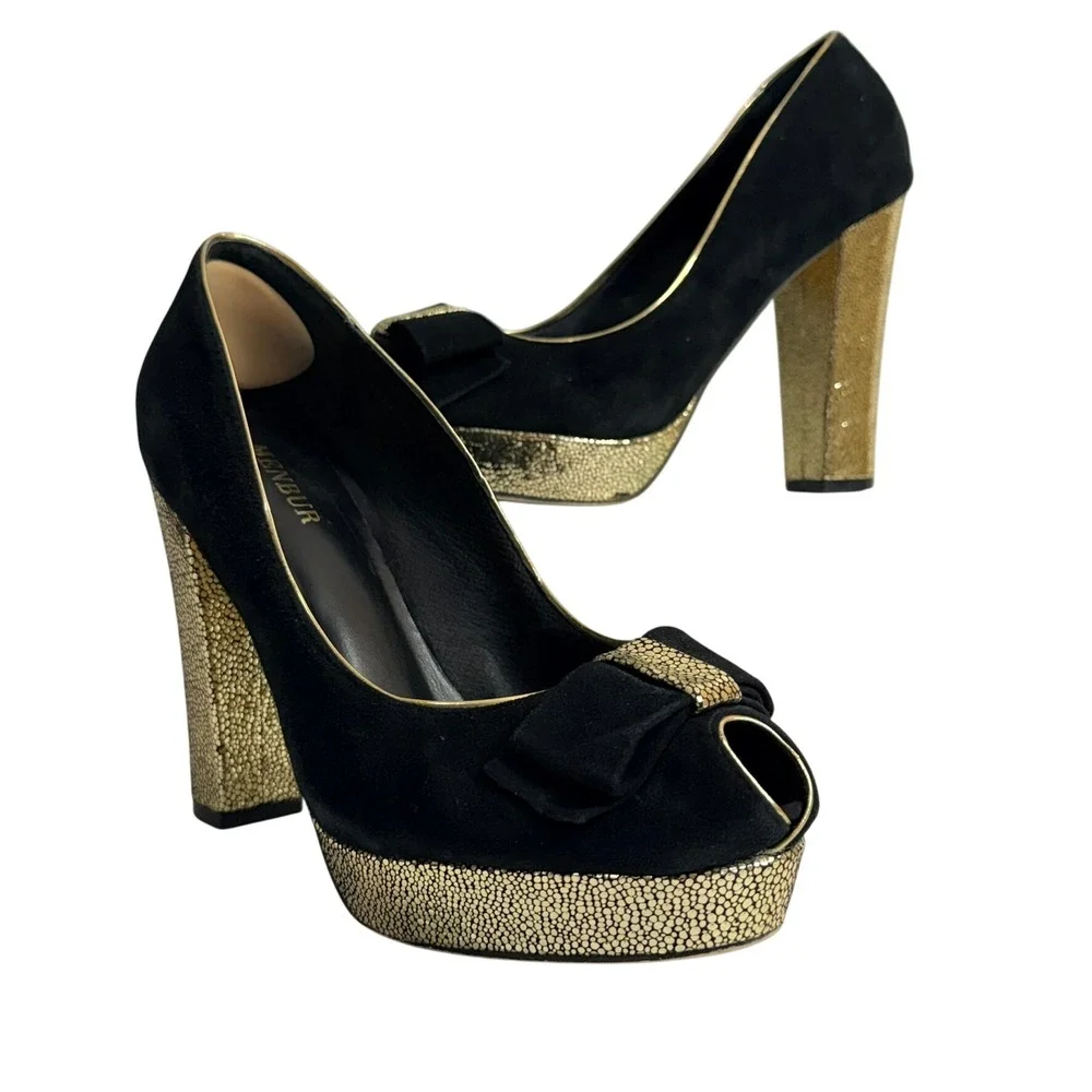 Menbur Womens Heels 40 Suede Peep Toe Platform Bow Gold Block Heel Black