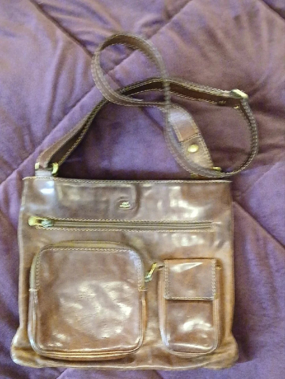 Men's Brown Leather Messenger Bag with Front Pockets