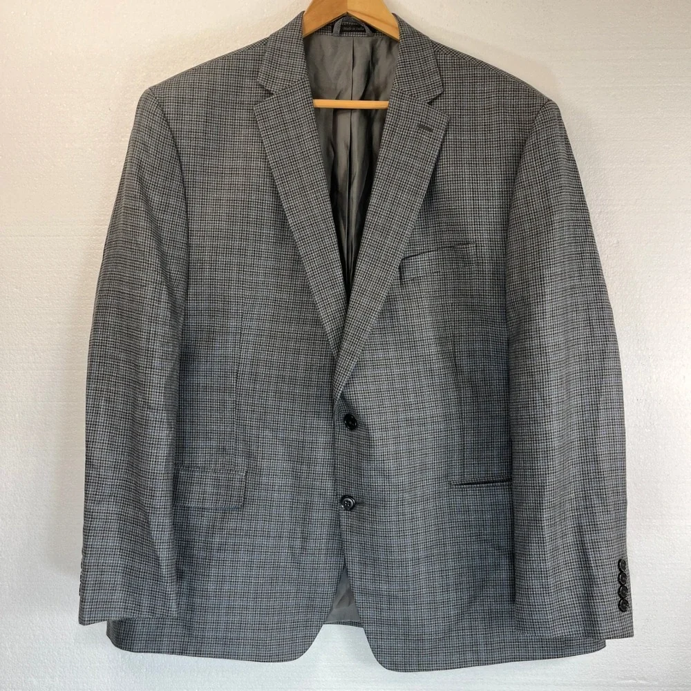 Lauren Ralph Lauren Men's 48R Gray‎ Blue Houndstooth Silk Wool Blazer Jacket