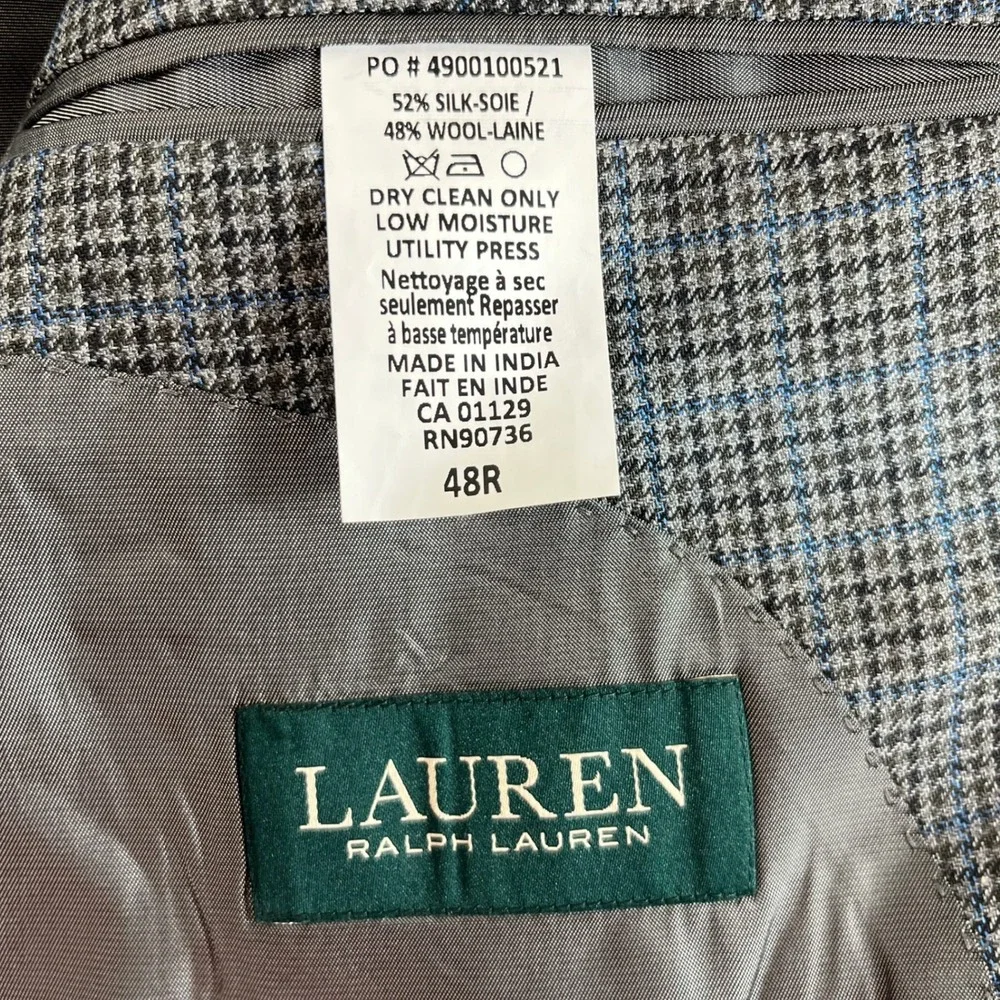 Lauren Ralph Lauren Men's 48R Gray‎ Blue Houndstooth Silk Wool Blazer Jacket