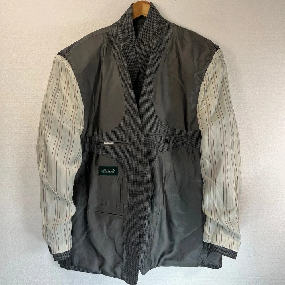 Lauren Ralph Lauren Men's 48R Gray‎ Blue Houndstooth Silk Wool Blazer Jacket