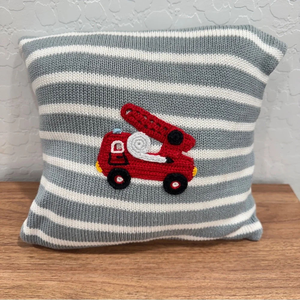 Melange Knit Embroidered Firetruck Pillow Decorative Grey White Striped Small
