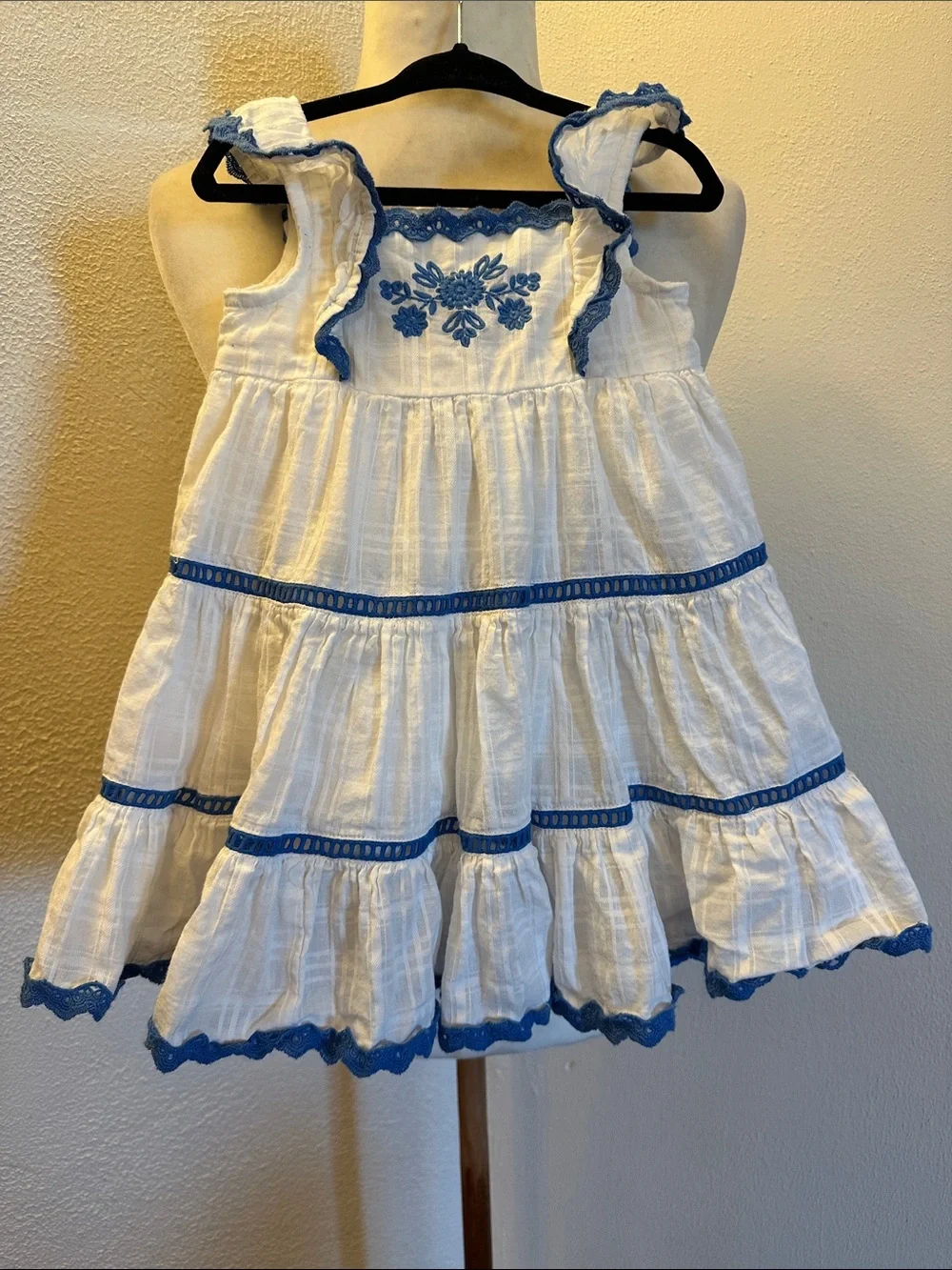 Haute Hippie White Dress with Blue Embroidered Trim Size 24 Months