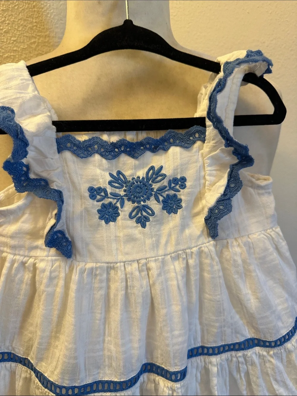 Haute Hippie White Dress with Blue Embroidered Trim Size 24 Months