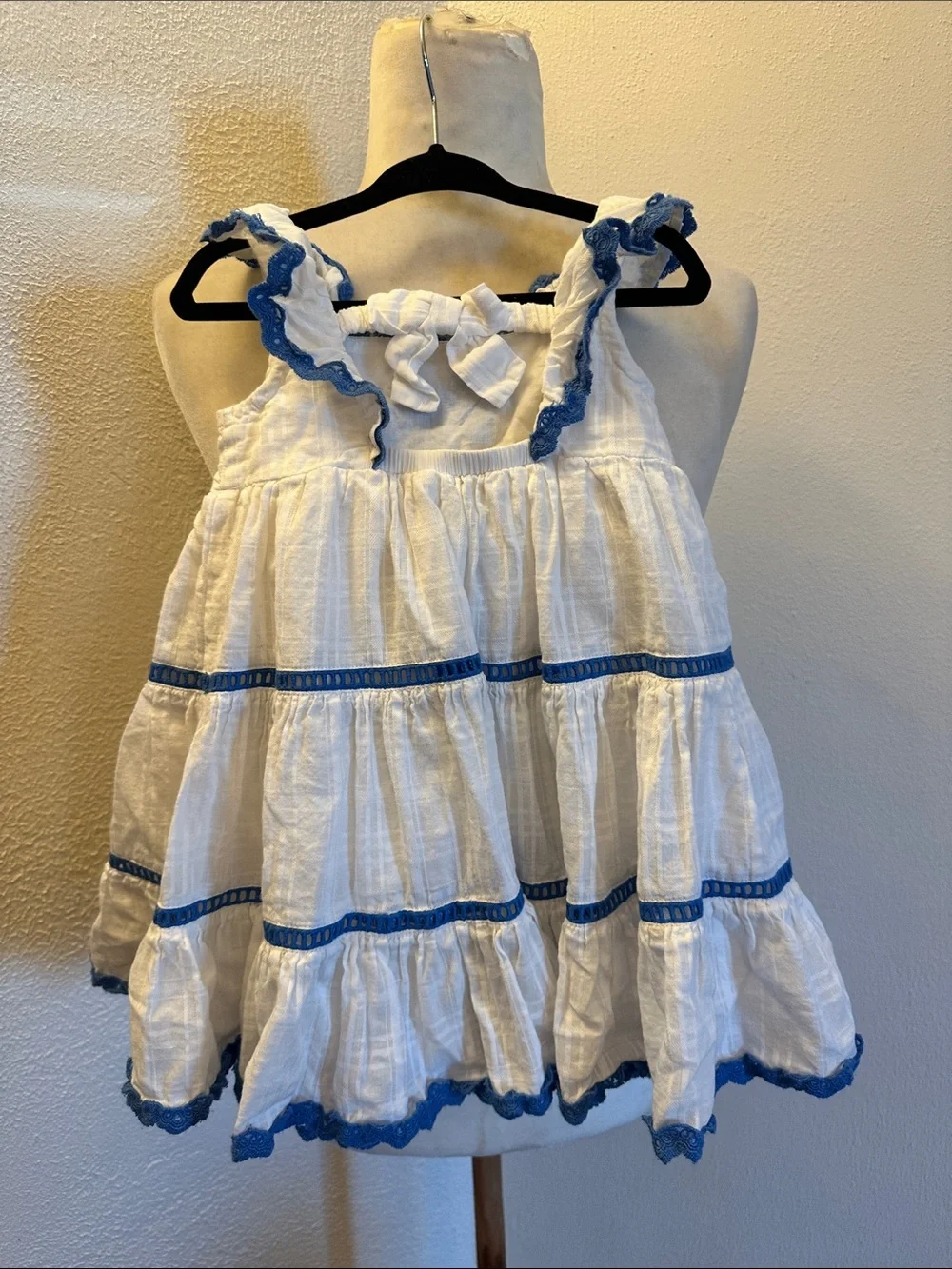 Haute Hippie White Dress with Blue Embroidered Trim Size 24 Months