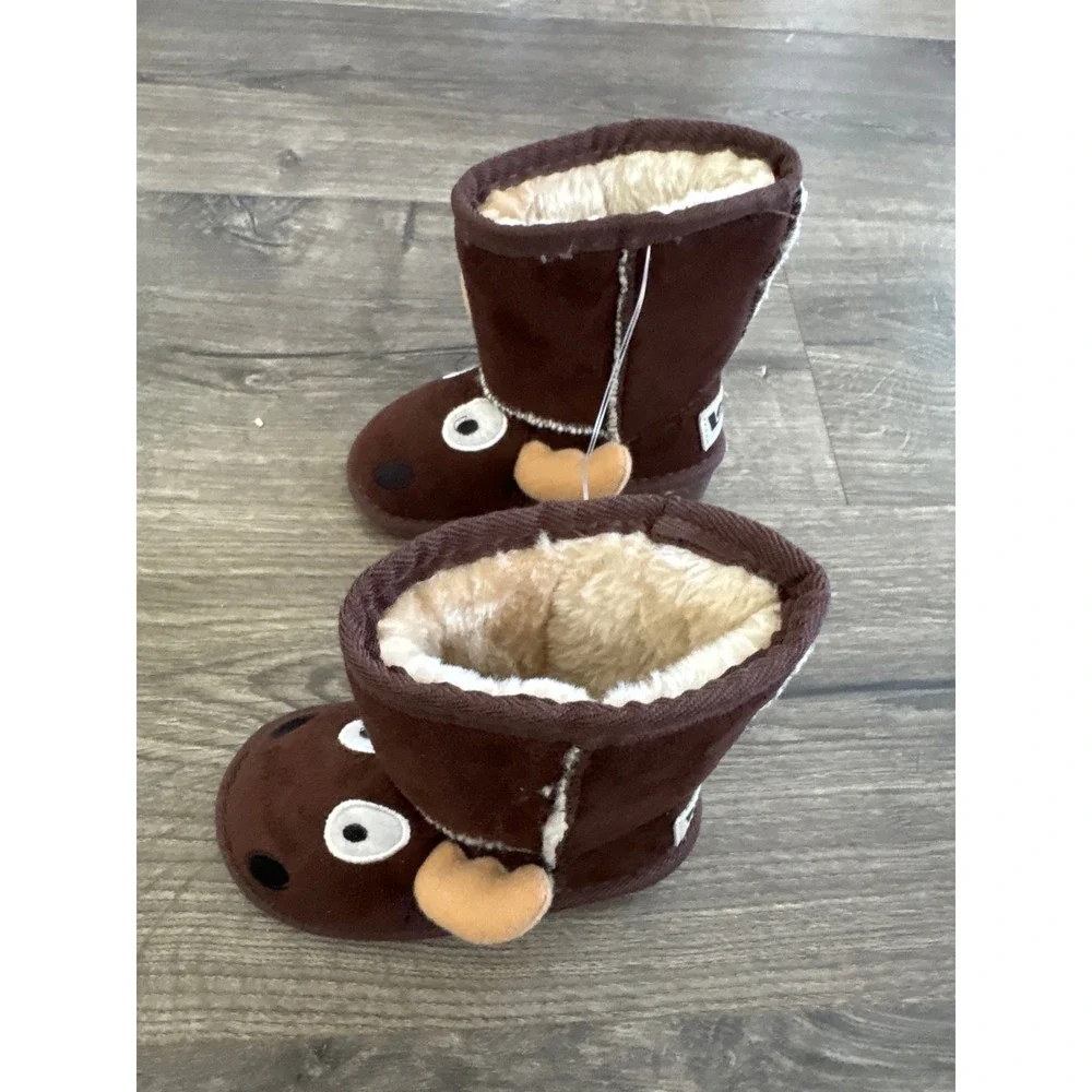 Lazy One Kids Moose Critter Slippers Brown Faux Fur Booties XXS 4-5 NEW