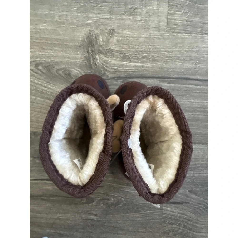 Lazy One Kids Moose Critter Slippers Brown Faux Fur Booties XXS 4-5 NEW