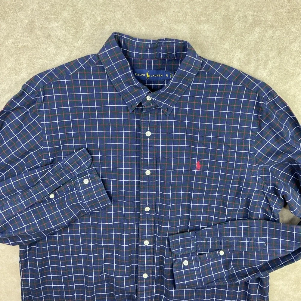 Polo‎ Ralph Lauren Shirt Men Sz XL Long Sleeve Plaid Checks Cotton Blue Pony