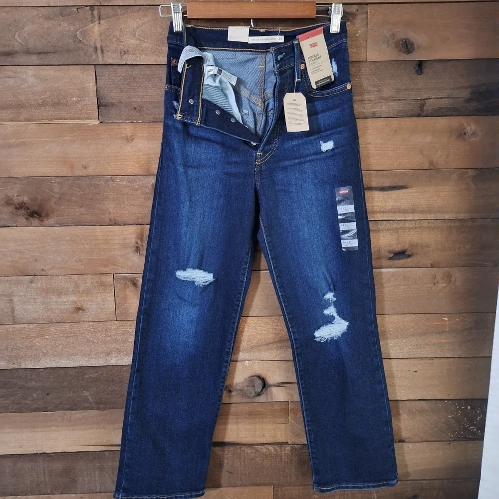 Levis Ribcage Straight Ankle Distressed Dark Wash Jeans SZ 24