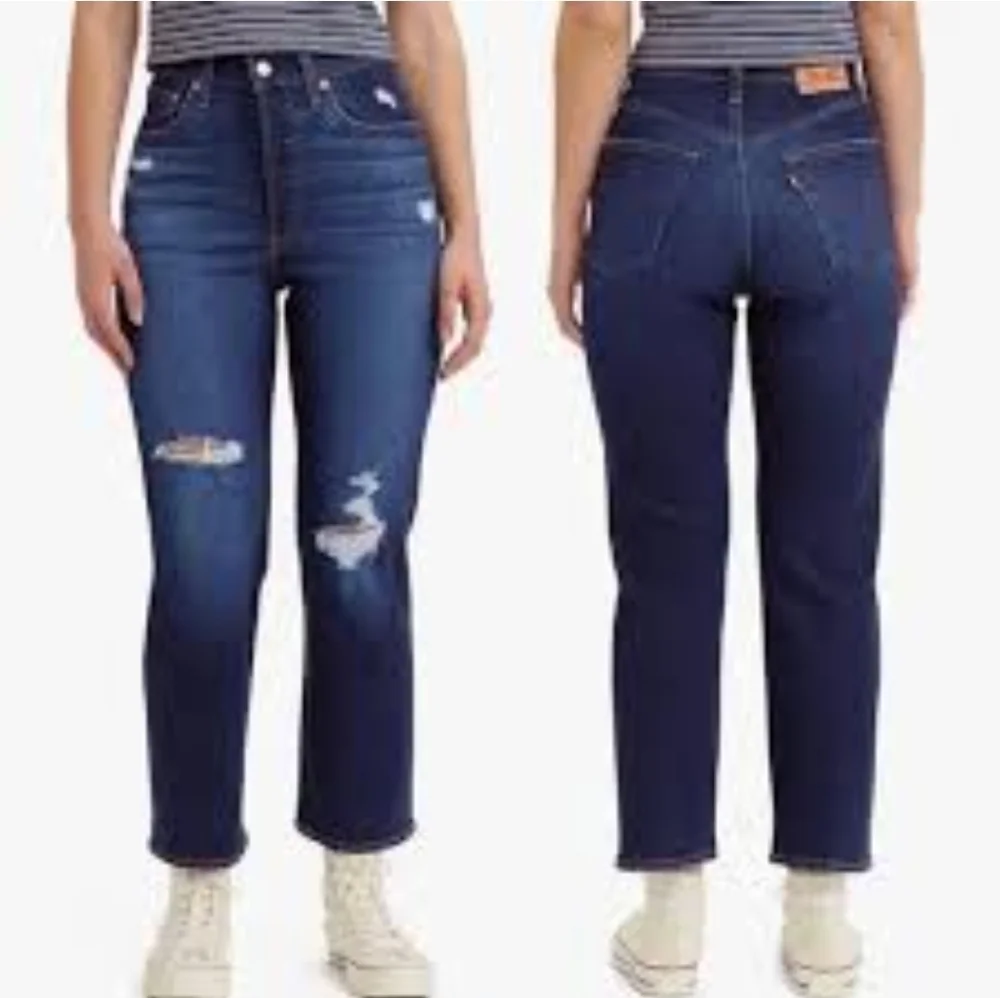 Levis Ribcage Straight Ankle Distressed Dark Wash Jeans SZ 24