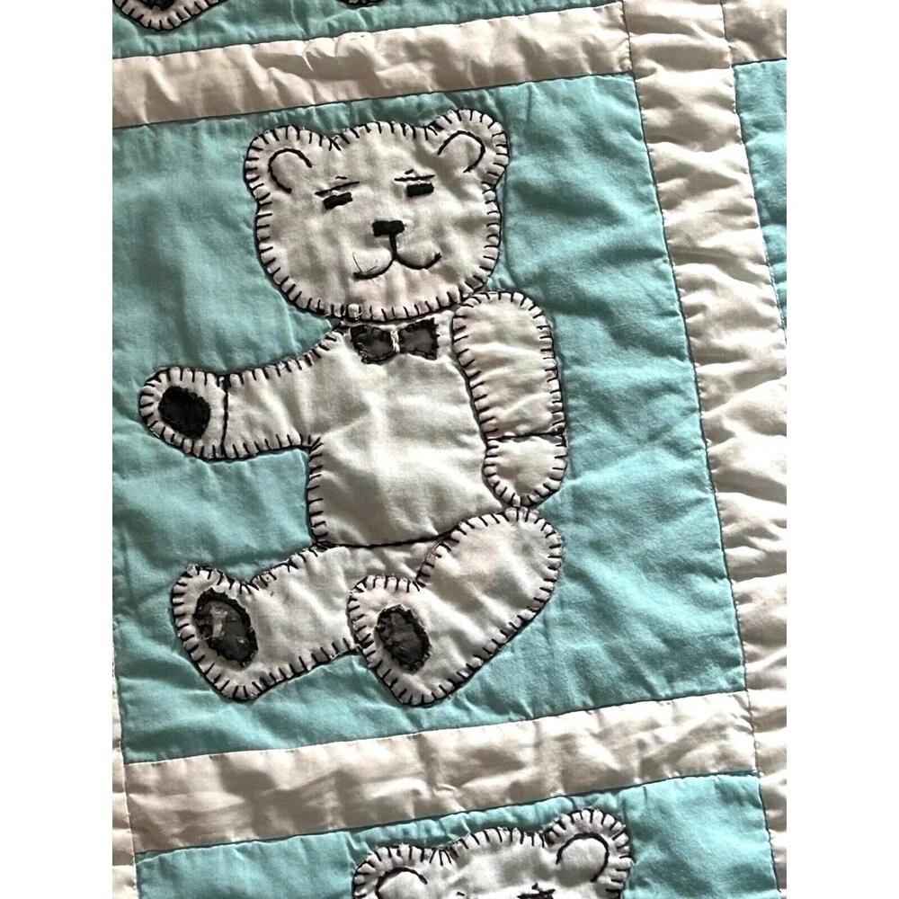 Handmade White with Blue Teddy Bear Hand Quilted Baby Toddler Blanket 50 X 39