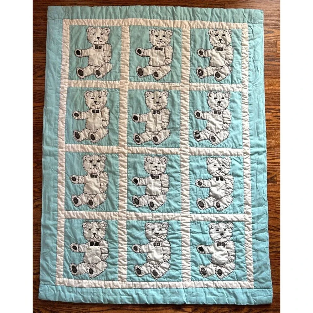 Handmade White with Blue Teddy Bear Hand Quilted Baby Toddler Blanket 50 X 39
