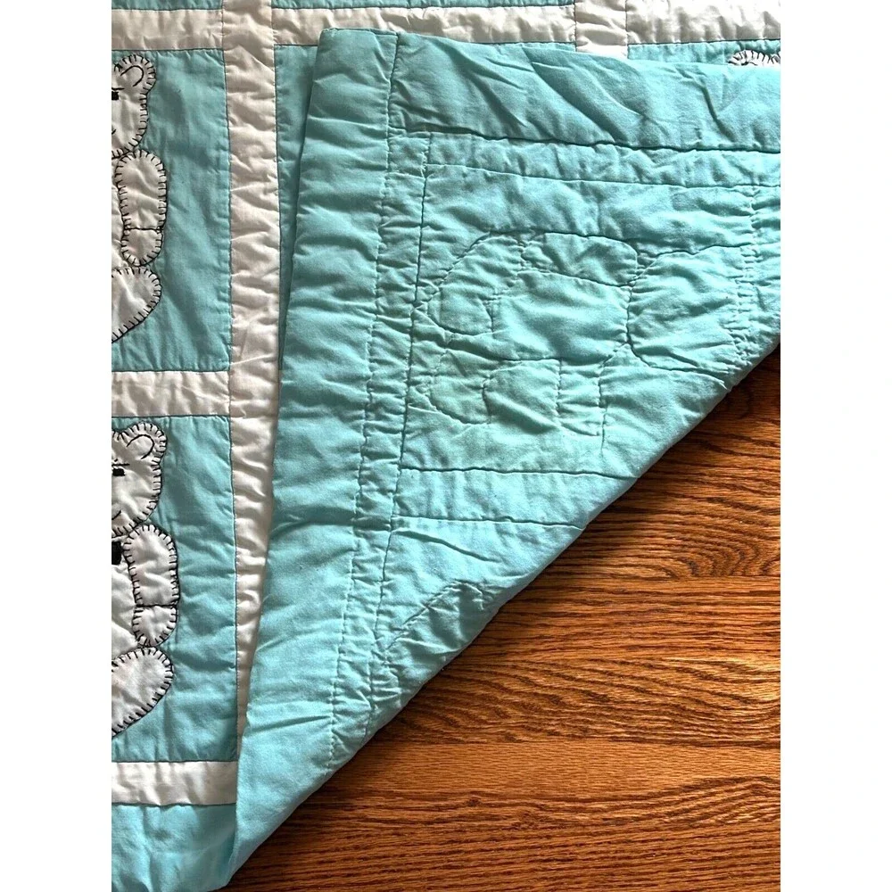 Handmade White with Blue Teddy Bear Hand Quilted Baby Toddler Blanket 50 X 39