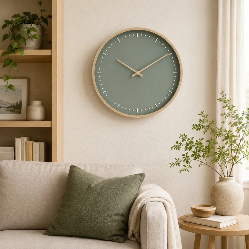 Better Homes & Gardens Wall Clock Soft Green Light Wood Quiet Movement Scandi