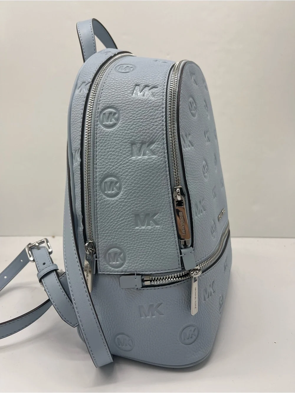 Michael Kors Rhea Medium Zip Logo Debossed Backpack Pale Ocean NWT