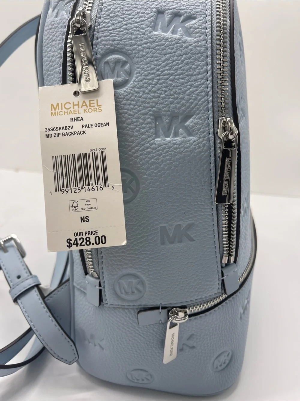 Michael Kors Rhea Medium Zip Logo Debossed Backpack Pale Ocean NWT