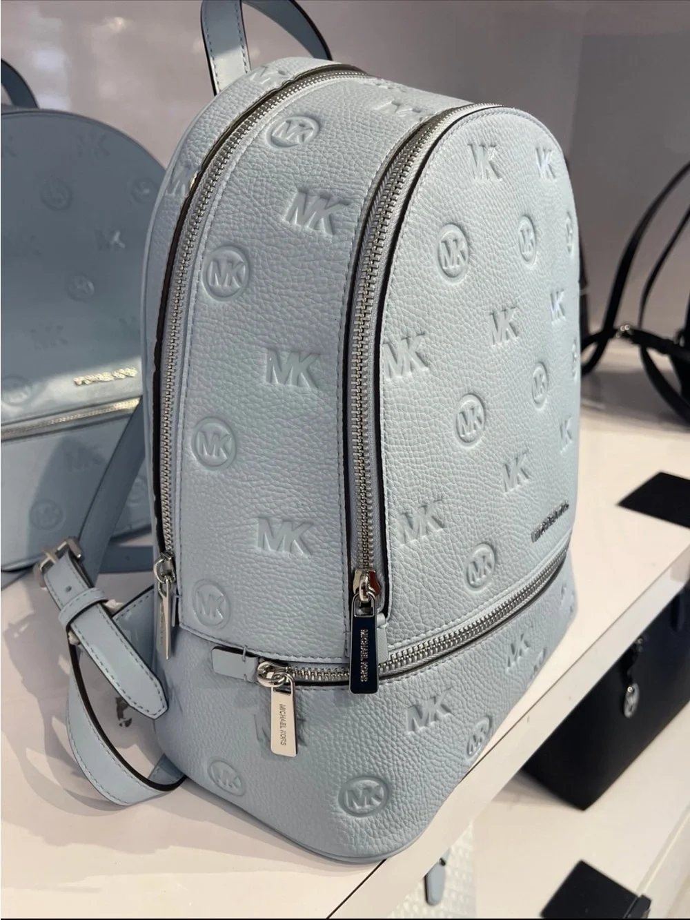 Michael Kors Rhea Medium Zip Logo Debossed Backpack Pale Ocean NWT