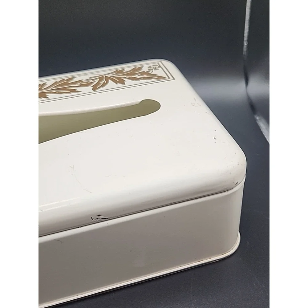 Vintage Ransburg Metal Tissue Box Holder White W/ Gold Leaf Design Mountable