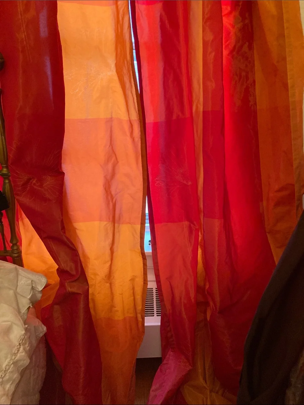 Spectacular MADURA two panel raspberry orange/ yellow daisy embroidered curtain