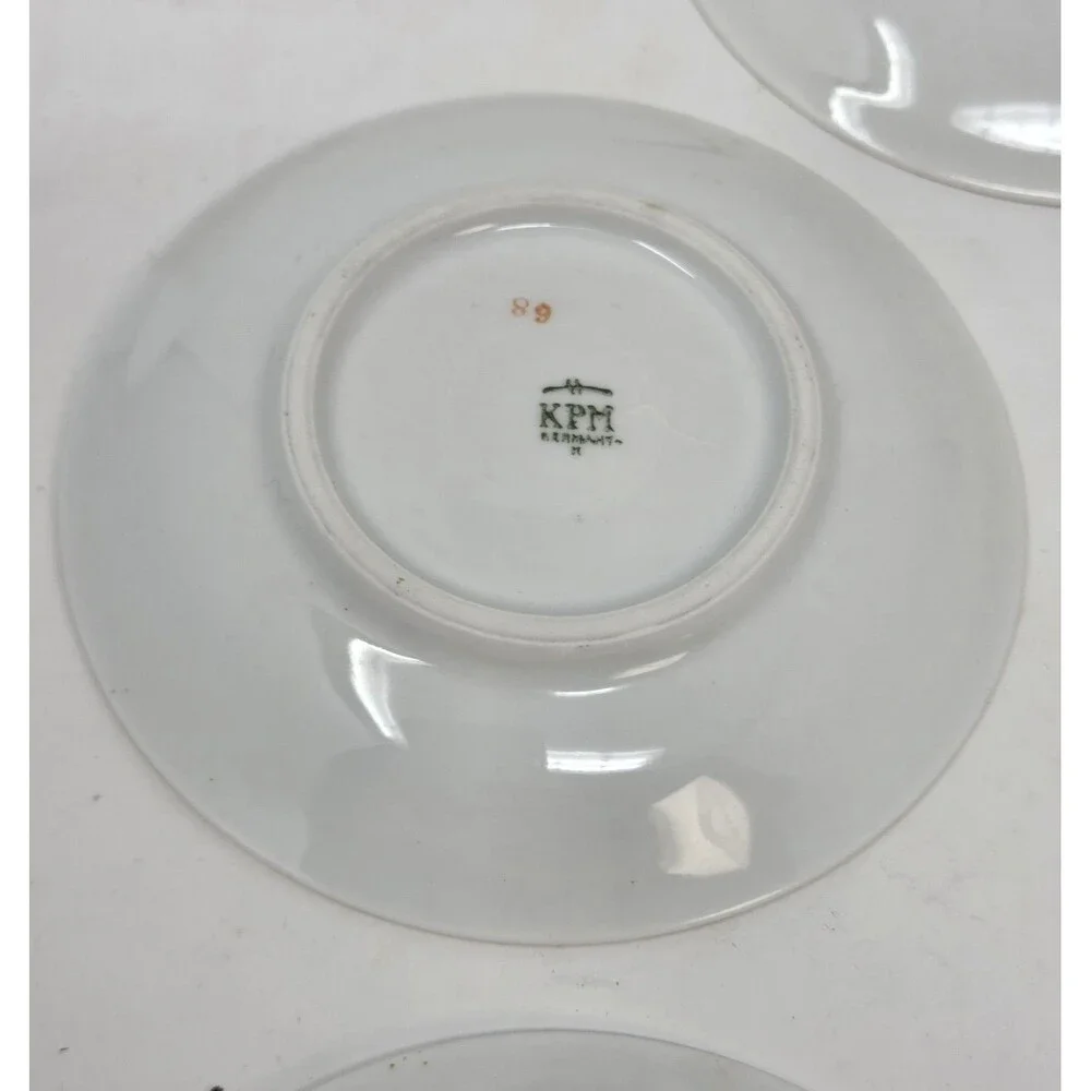 KPM Krister Germany Porcelain Saucer Set 5 Pink Rose Garland Gold Trim Antique