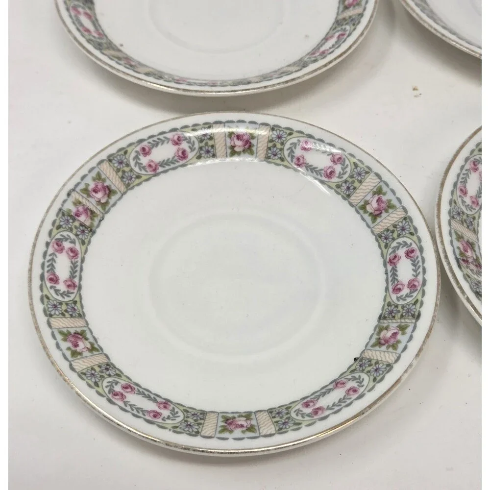 KPM Krister Germany Porcelain Saucer Set 5 Pink Rose Garland Gold Trim Antique