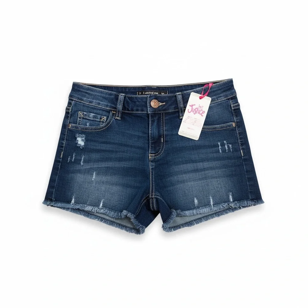 NWT Justice Girls Dark Blue Jean‎ Shorts Slight Distressing Casual Soft Stretch