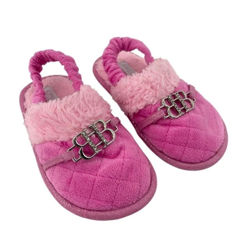 Bebe Girls Pink Plush Faux Fur Slingback Slippers Size 9/10 Cozy Fuzzy Shoes