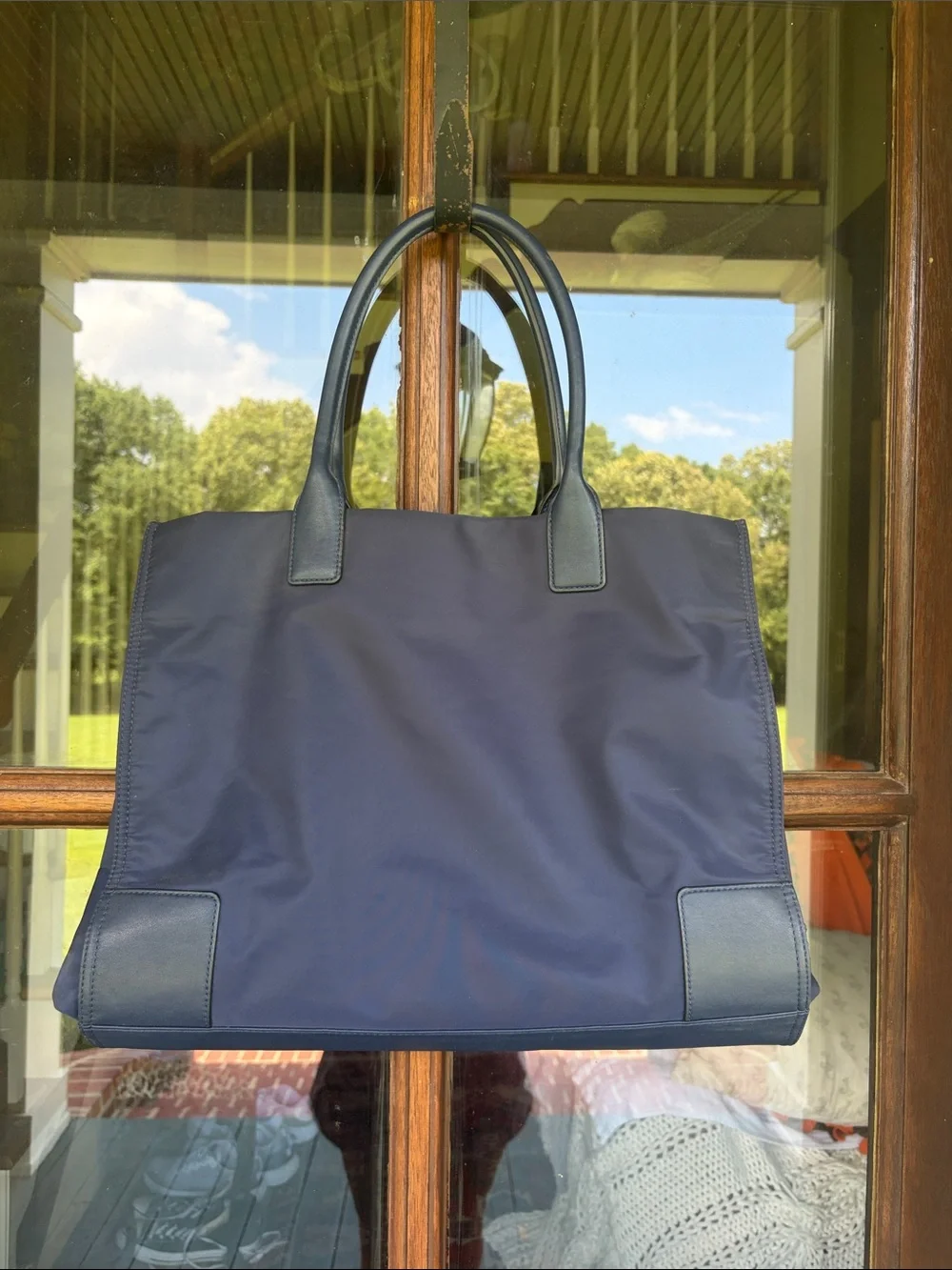 Tory Burch Ella Embroidered Logo Nylon & Leather Tote Bag. Navy