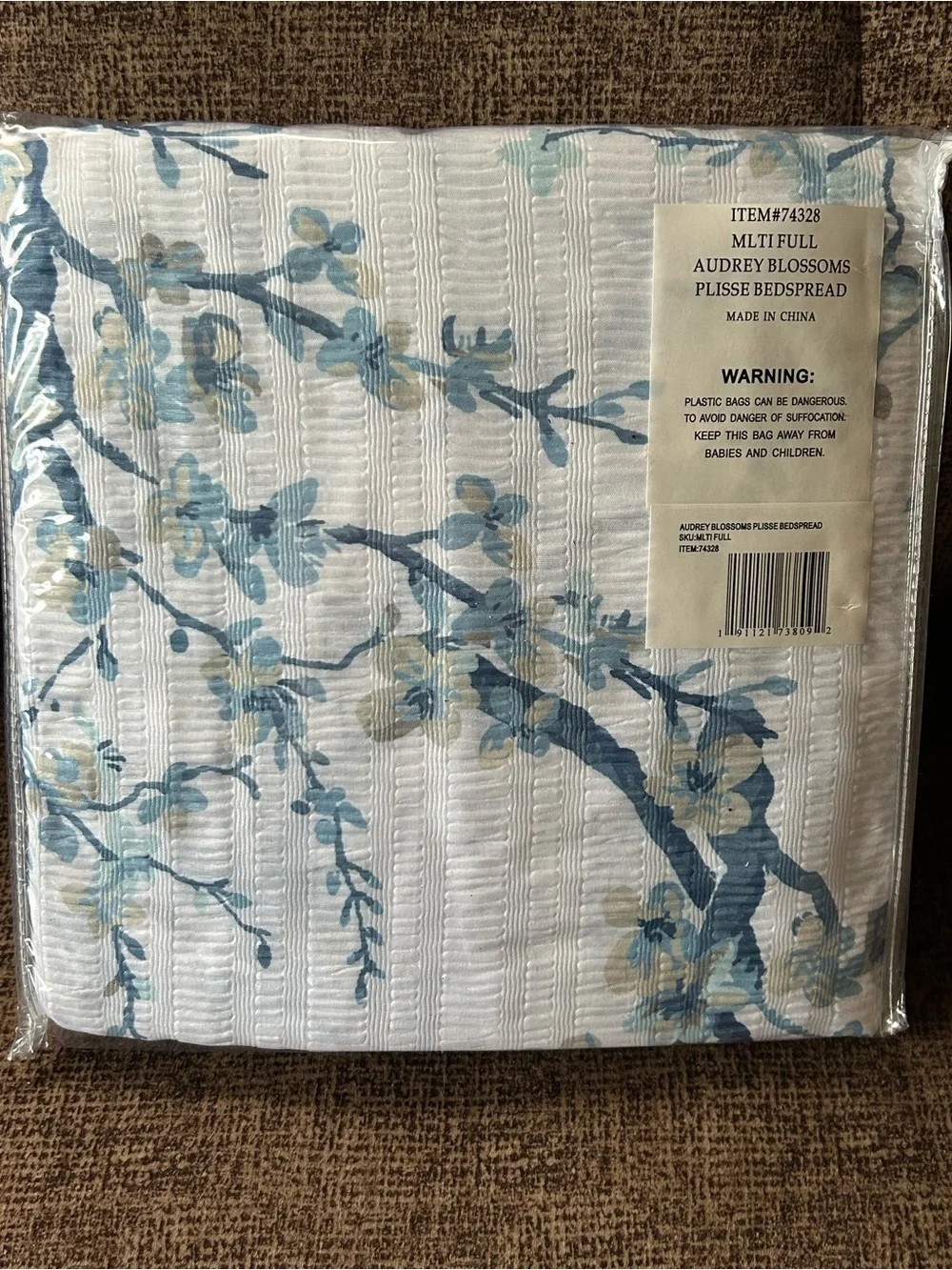 Audrey Blossoms Plissé Ruffled Edge Bedspread - Blue and White Full NO SHAMS