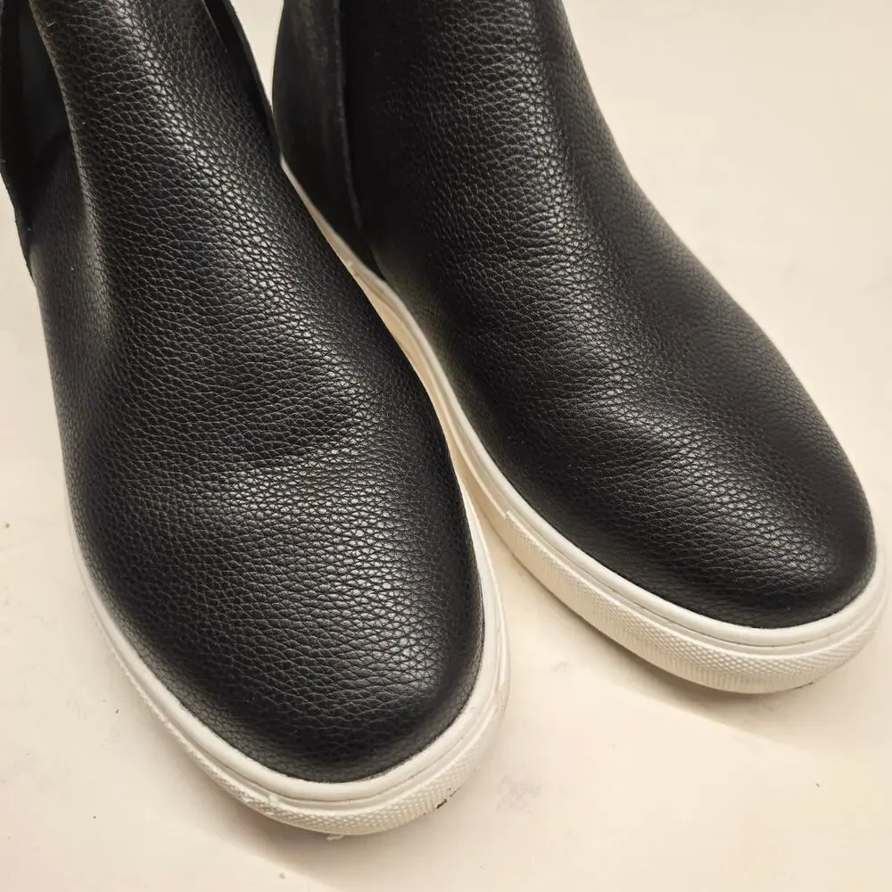 Birdies The Falcon Black Leather Slip-On Sneaker Bootie Hidden Wedge, Size 7.5