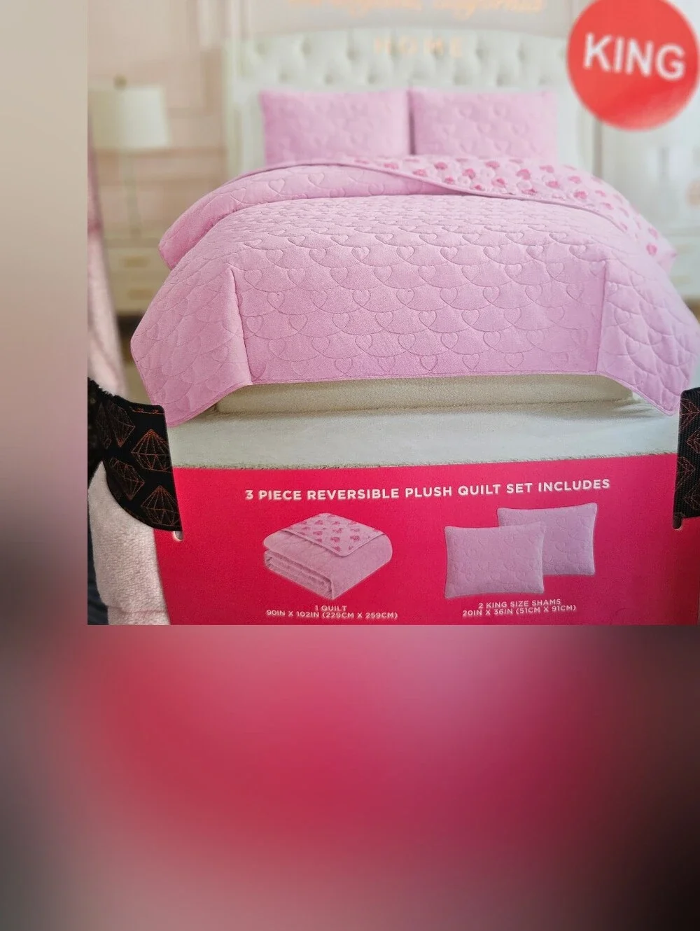 NWT JUICY COUTURE KING SIZED 3 PIECE PLUSH REVERSIBLE QUILT SET! PINK! JC!